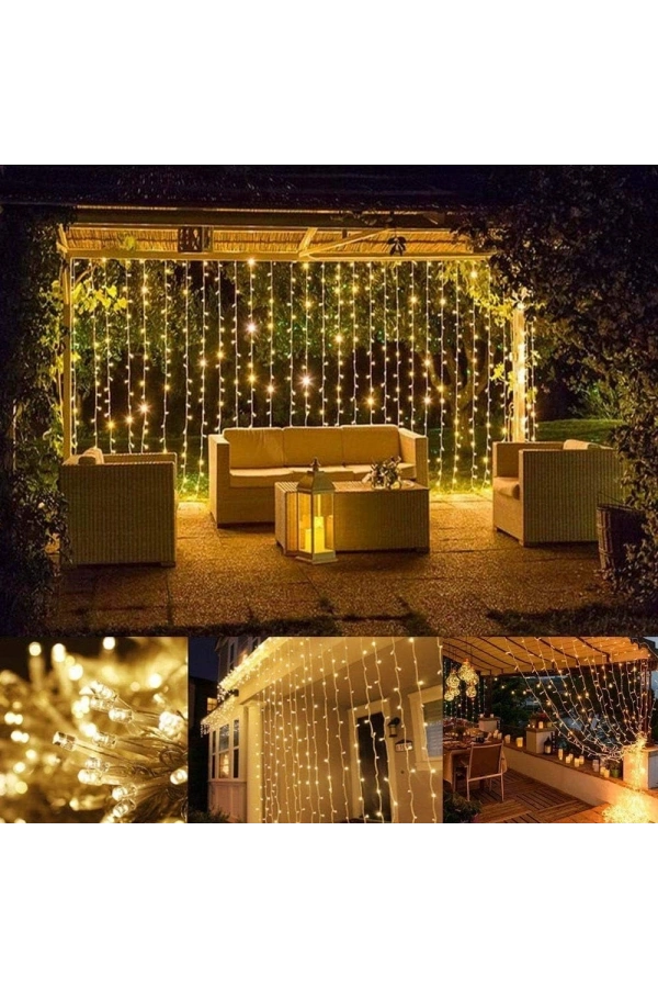 Bidebuvar 3x2 Perde Led Sarı Işık Plastik Kancalı