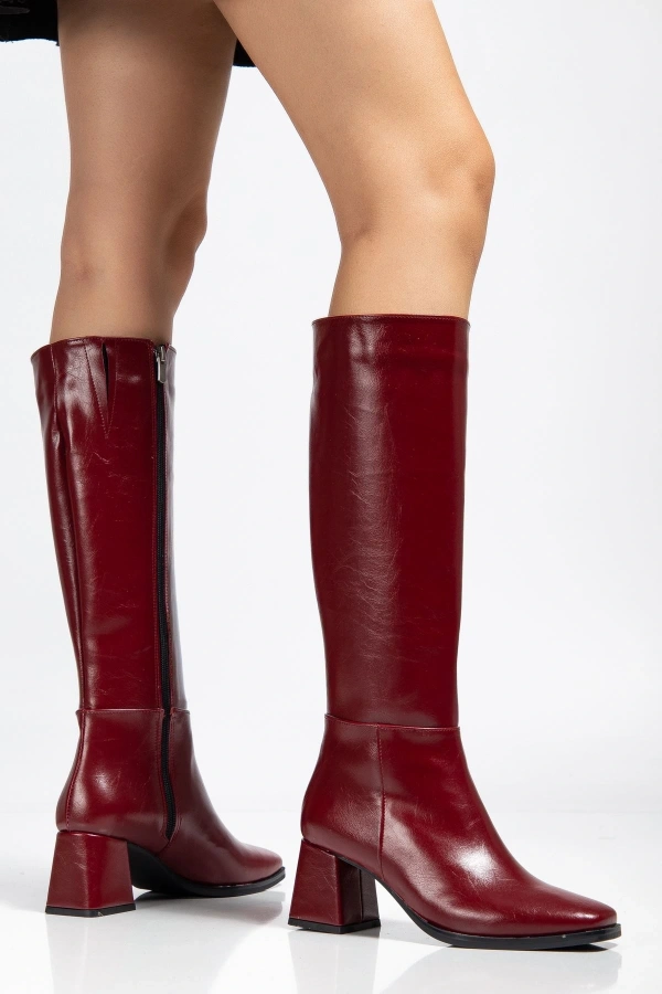 Bidebuvar 4804 Bordo Kırışık Rugan Fermuarlı Günlük Bayan Çizme