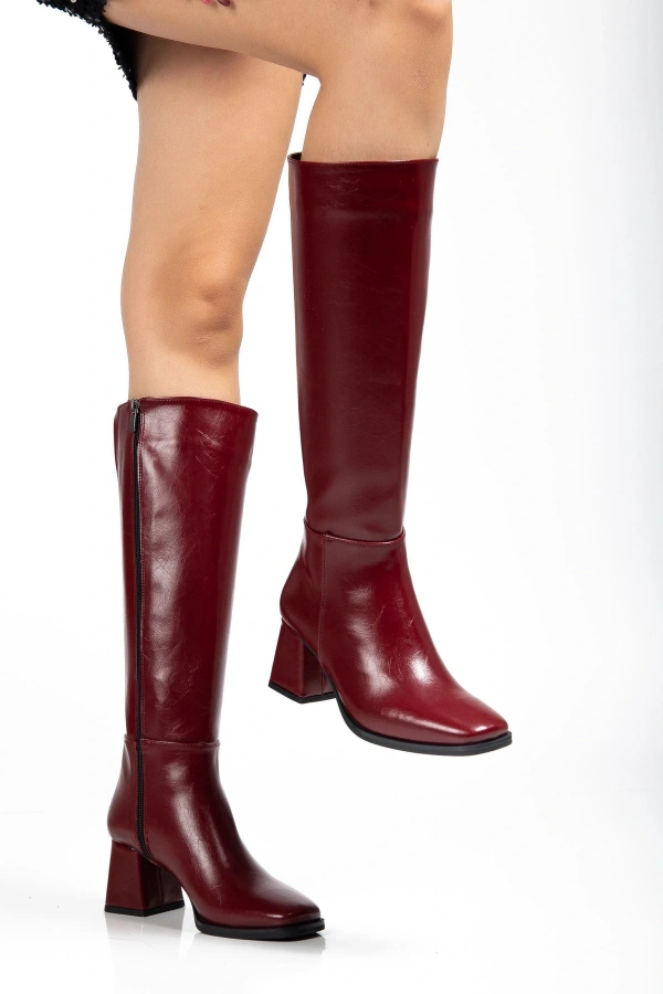 Bidebuvar 4804 Bordo Kırışık Rugan Fermuarlı Günlük Bayan Çizme
