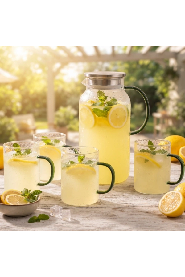 Bidebuvar 5 Parça Bardaklı Sürahi Seti - Cam - 1800 ml Sürahi - 4 Bardak