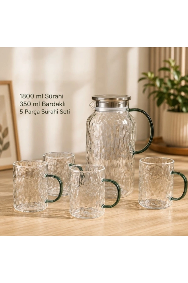 Bidebuvar 5 Parça Bardaklı Sürahi Seti - Cam - 1800 ml Sürahi - 4 Bardak