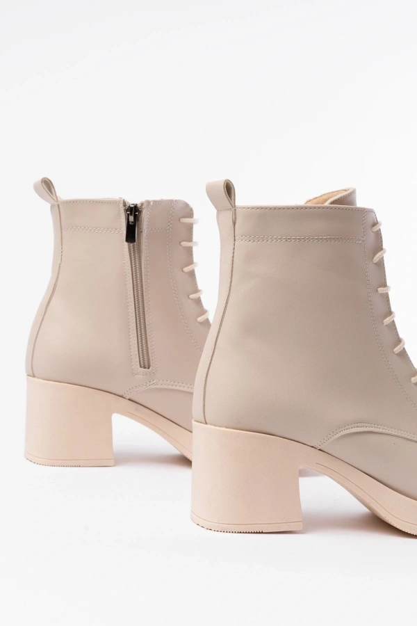 Bidebuvar 5109-3025 Bej Bağcıklı Fermuarlı Kalın Topuklu Günlük Kadın Bot