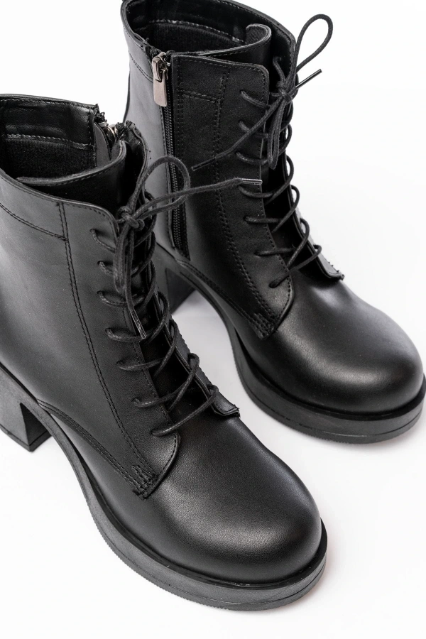 Bidebuvar 5109-3025 Siyah Bağcıklı Fermuarlı Kalın Topuklu Günlük Kadın Bot