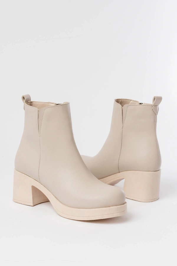 Bidebuvar 5109-3057 Bej Lastikli Fermuarlı Kalın Topuklu Günlük Kadın Bot