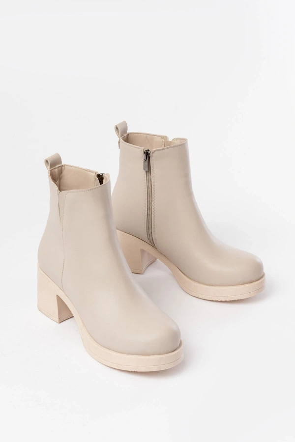 Bidebuvar 5109-3057 Bej Lastikli Fermuarlı Kalın Topuklu Günlük Kadın Bot
