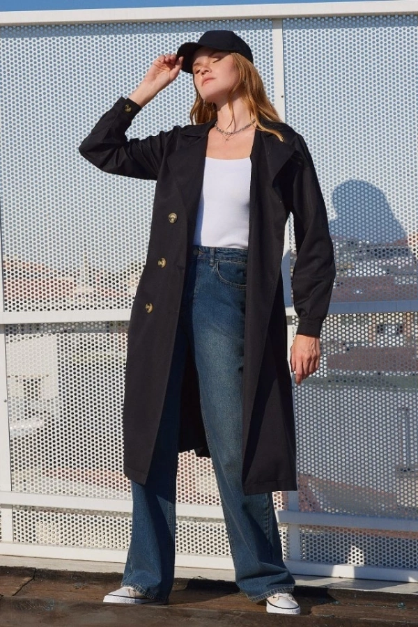 Bidebuvar 5853 Kruvaze Yaka Trençkot - Siyah