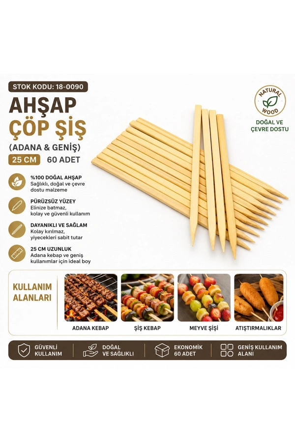 Bidebuvar 60 Adet Ahşap Geniş Çöp Şiş - Adana Kebap Şişi - 25 cm