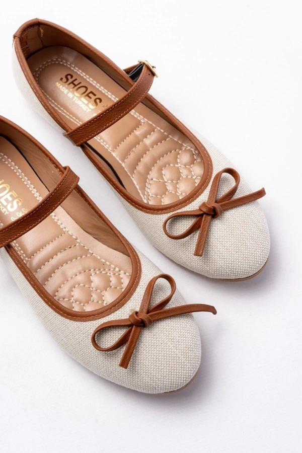 Bidebuvar 6321 Bej Keten Günlük Baret Tokalı Bayan Babet