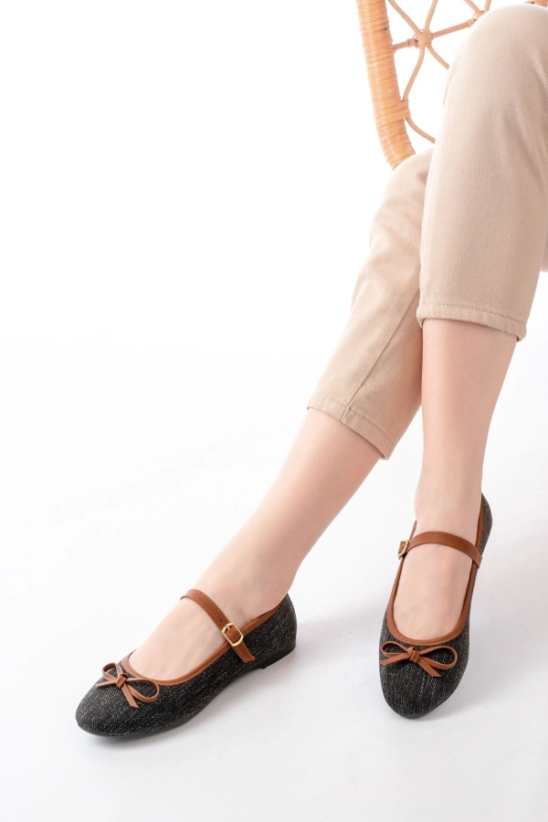 Bidebuvar 6321 Siyah Keten Günlük Baret Tokalı Bayan Babet