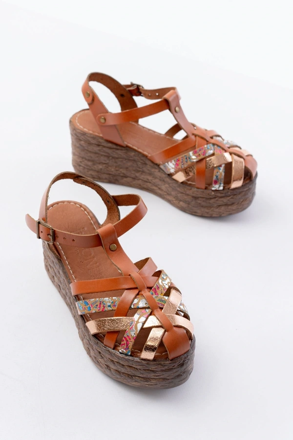 Bidebuvar 684-02 Taba Garni Ortopedik Hakiki Deri Dolgu Kadın Sandalet