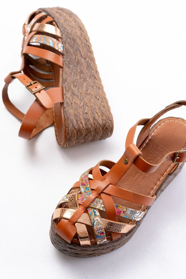 Bidebuvar 684-02 Taba Garni Ortopedik Hakiki Deri Dolgu Kadın Sandalet