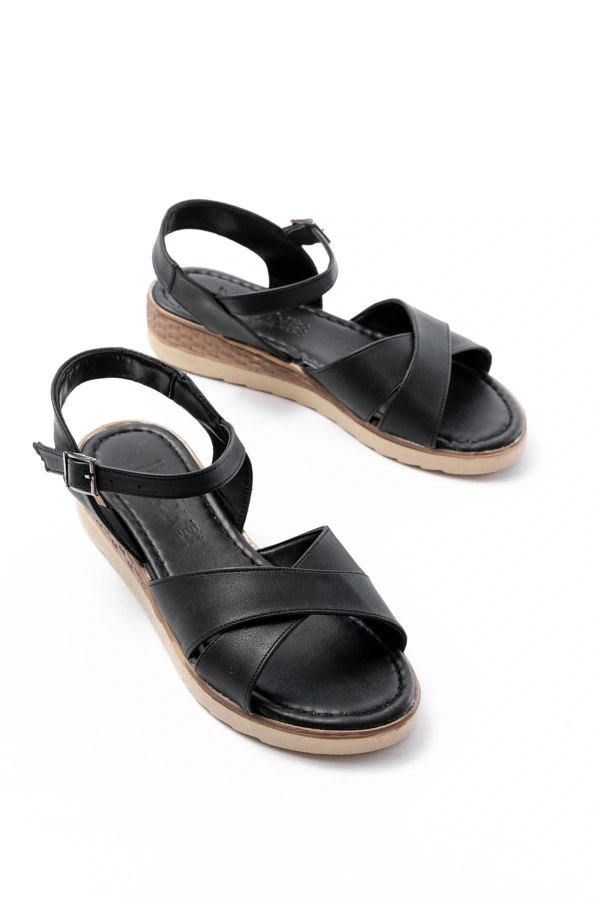 Bidebuvar 692-564 Siyah Ortopedik Taban Çapraz Tokalı Kadın Sandalet