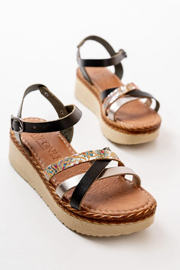 Bidebuvar 730-015 Siyah Garni Ortopedik Hakiki Deri Dolgu Kadın Sandalet