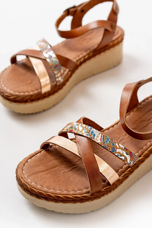 Bidebuvar 730-015 Taba Garni Ortopedik Hakiki Deri Dolgu Kadın Sandalet