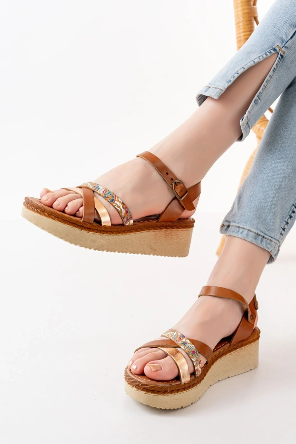 Bidebuvar 730-015 Taba Garni Ortopedik Hakiki Deri Dolgu Kadın Sandalet