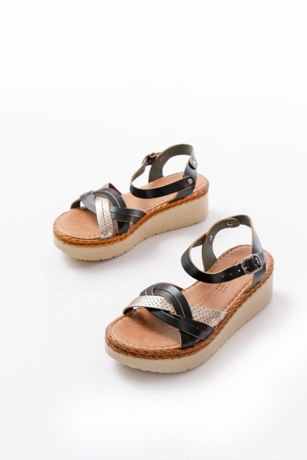 Bidebuvar 730-037 Siyah Ayna Hakiki Deri Ortopedik Taban Kadın Sandalet