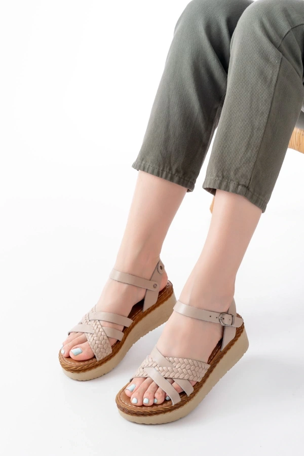 Bidebuvar 730-138 Bej Örgü  Hakiki Deri Ortopedik Taban Kadın Sandalet