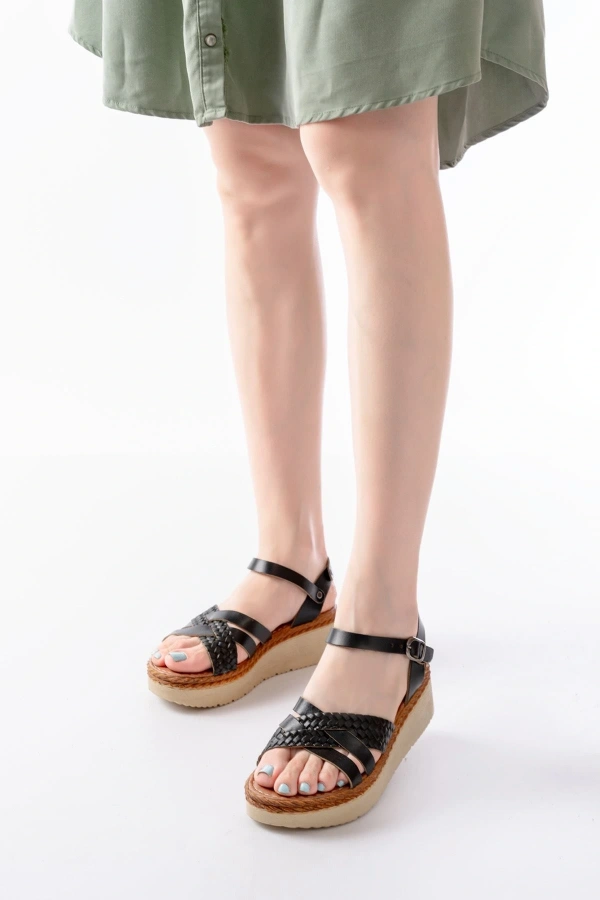 Bidebuvar 730-138 Siyah Örgü Hakiki Deri Ortopedik Taban Kadın Sandalet