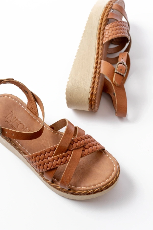 Bidebuvar 730-138 Taba Örgü Hakiki Deri Ortopedik Taban Kadın Sandalet