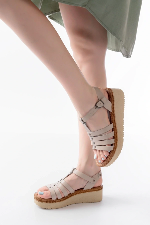 Bidebuvar 730-142 Bej Hakiki Deri Ortopedik Taban Kadın Sandalet