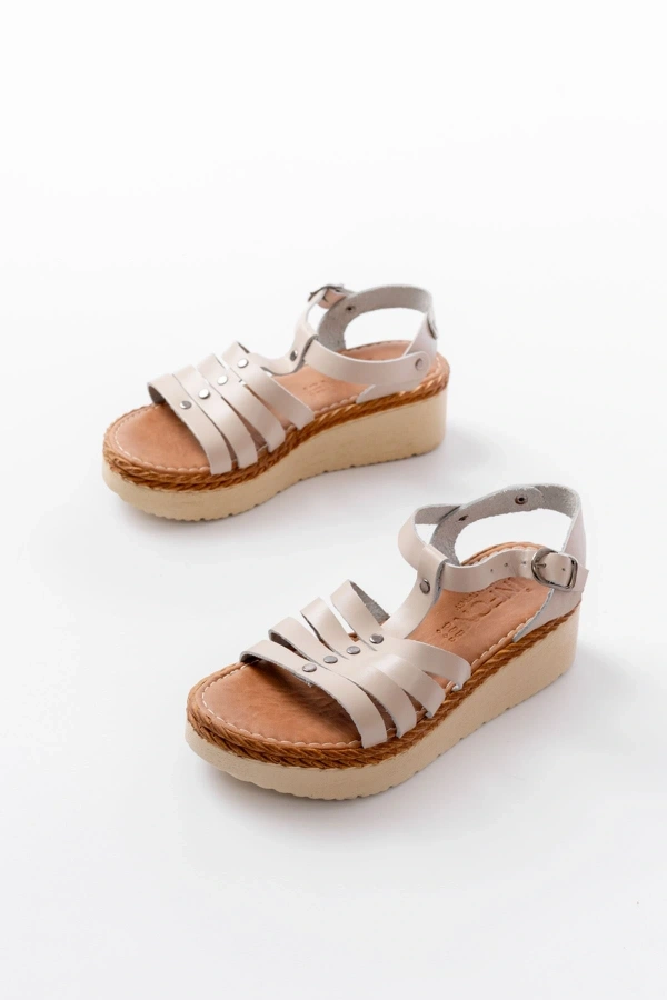 Bidebuvar 730-142 Bej Hakiki Deri Ortopedik Taban Kadın Sandalet