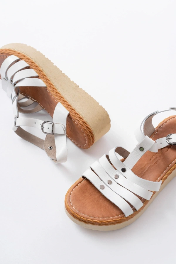 Bidebuvar 730-142 Beyaz Hakiki Deri Ortopedik Taban Kadın Sandalet