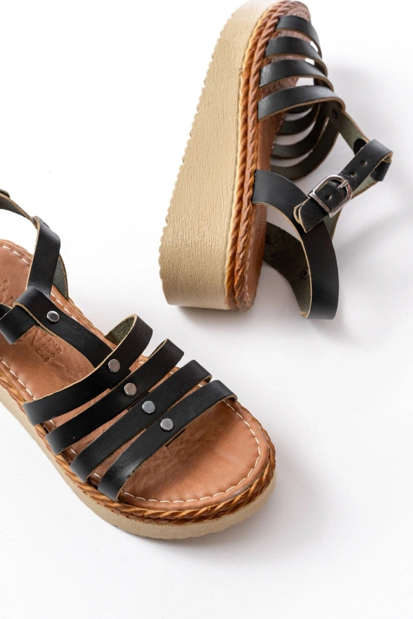 Bidebuvar 730-142 Siyah Hakiki Deri Ortopedik Taban Kadın Sandalet