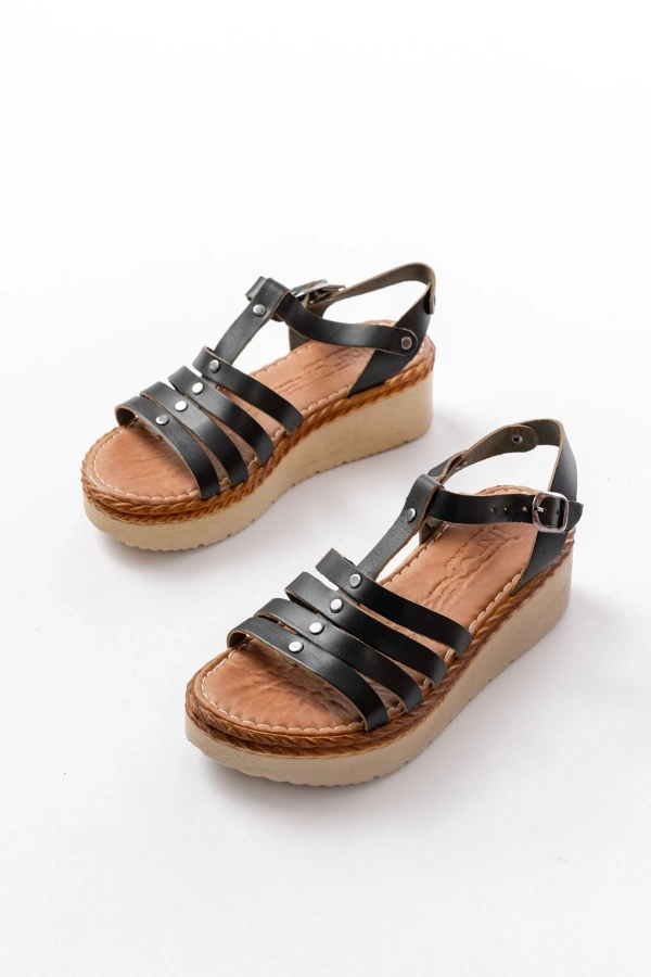 Bidebuvar 730-142 Siyah Hakiki Deri Ortopedik Taban Kadın Sandalet