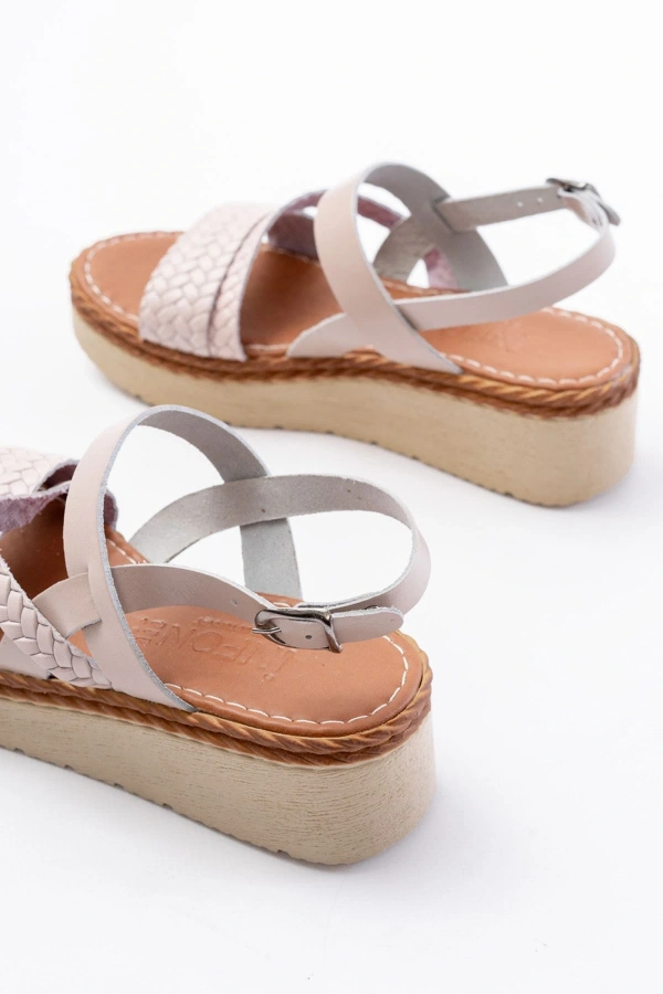 Bidebuvar 730-152 Bej Örgü Desenli Hakiki Deri Ortopedik Taban Kadın Sandalet