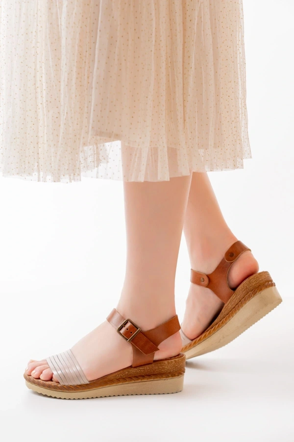 Bidebuvar 731-07 Bej Ortopedik Hakiki Deri Dolgu Kadın Sandalet