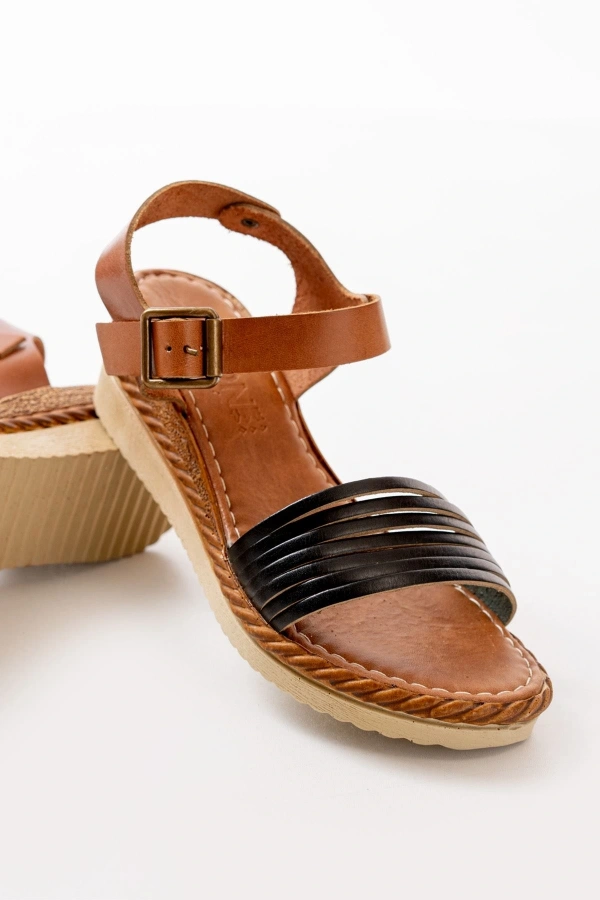 Bidebuvar 731-07 Siyah Ortopedik Hakiki Deri Dolgu Kadın Sandalet