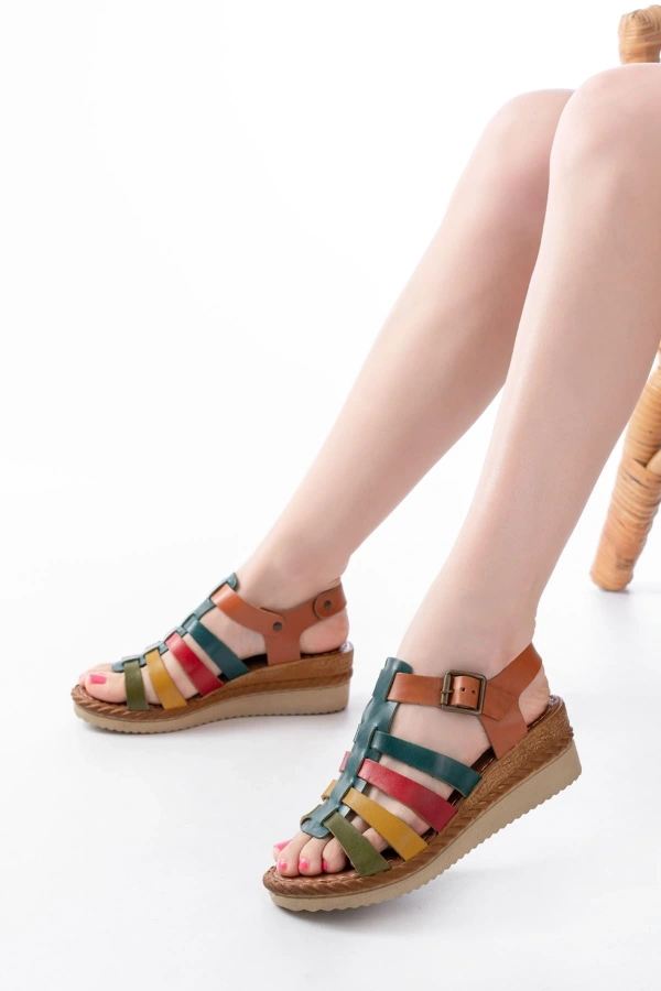 Bidebuvar 731-204 Multi  Hakiki Deri Dolgu Topuklu Günlük Kadın Sandalet