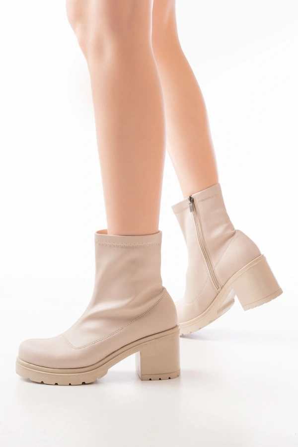 Bidebuvar 767-3012 Streç Bej Fermuarlı Kalın Topuklu Günlük Kadın Bot