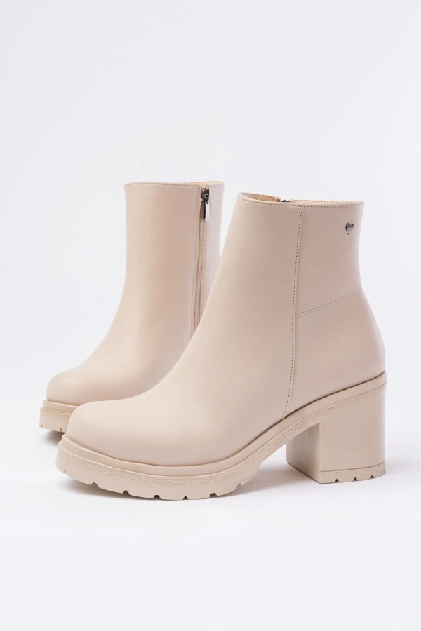 Bidebuvar 767-3020 Bej Fermuarlı Kalın Topuklu Günlük Kadın Bot