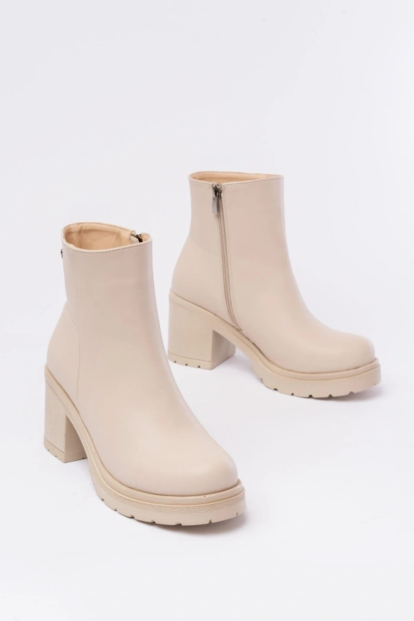 Bidebuvar 767-3020 Bej Fermuarlı Kalın Topuklu Günlük Kadın Bot