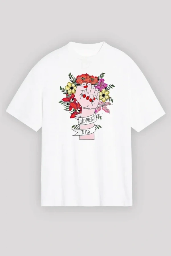Bidebuvar 8 Mart Dünya Kadınlar Günü Baskılı Oversize Bisiklet Yaka T-shirt - Beyaz