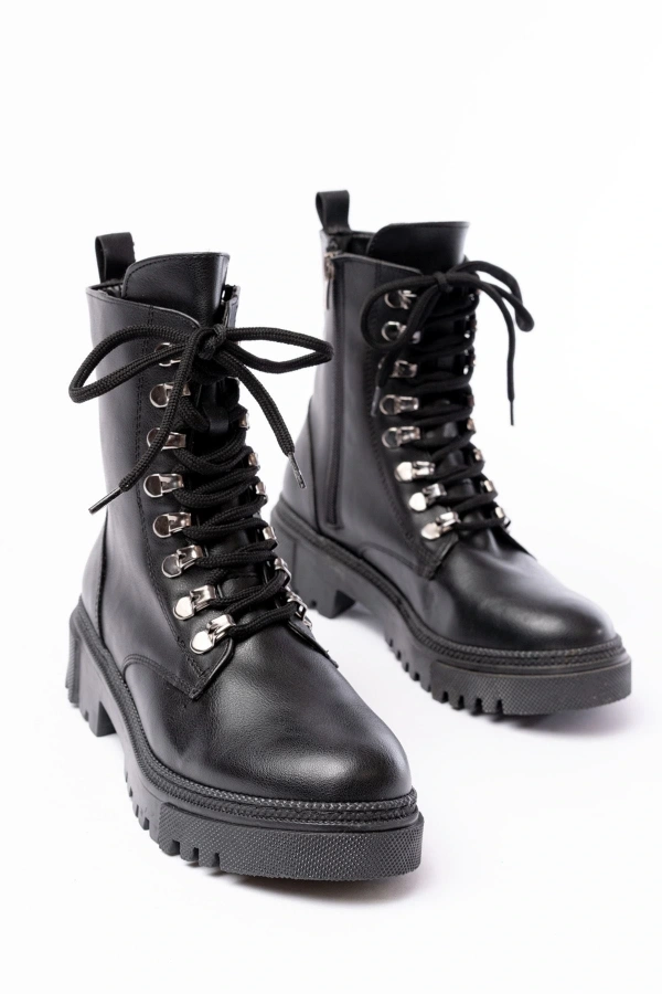 Bidebuvar 812-2121 Siyah Cilt Bağcıklı Fermuarlı Günlük Kadın Bot