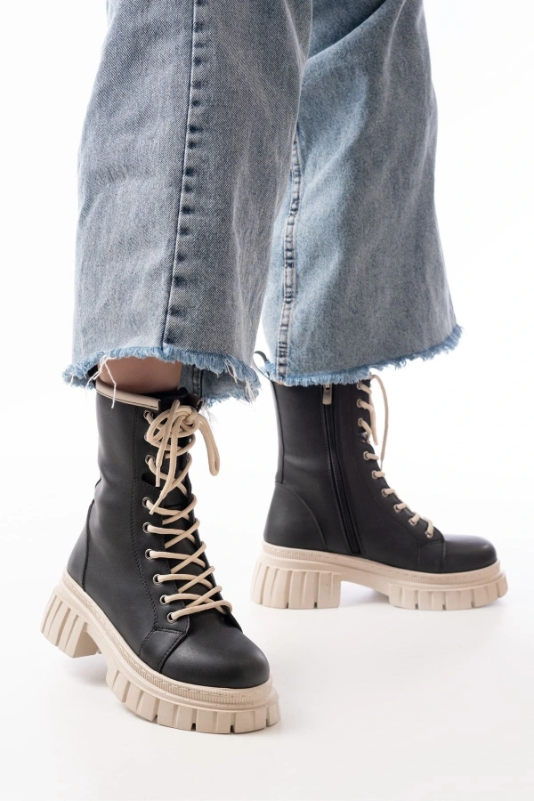 Bidebuvar 842-2961 Siyah Bağcıklı Kalın Tabanlı Fermuarlı Günlük Kadın Bot