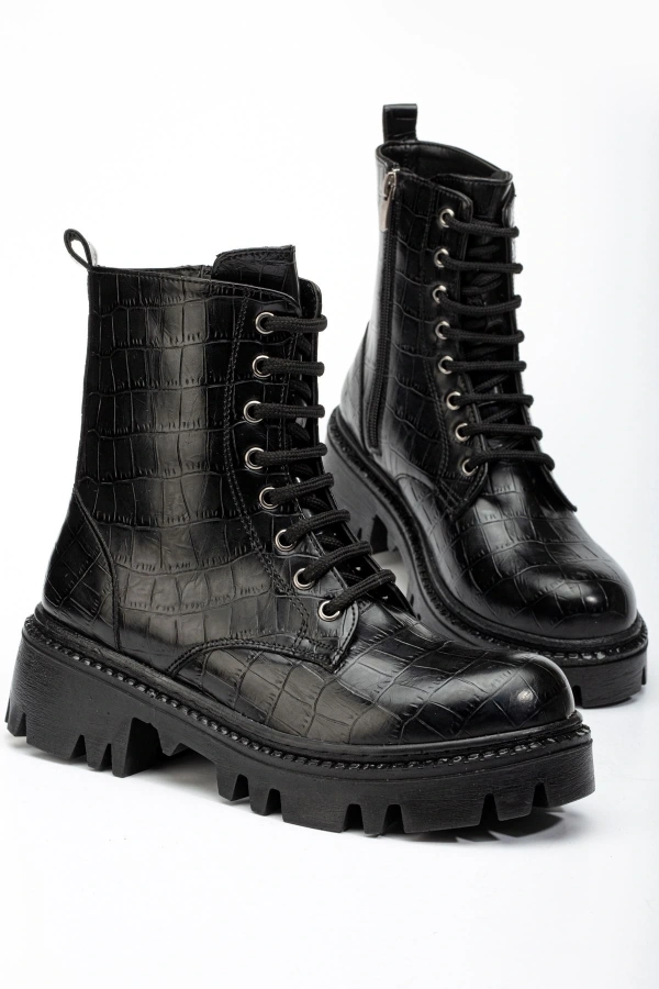 Bidebuvar 868-2289 Siyah Kroko Bağcıklı Fermuarlı Günlük Kadın Bot