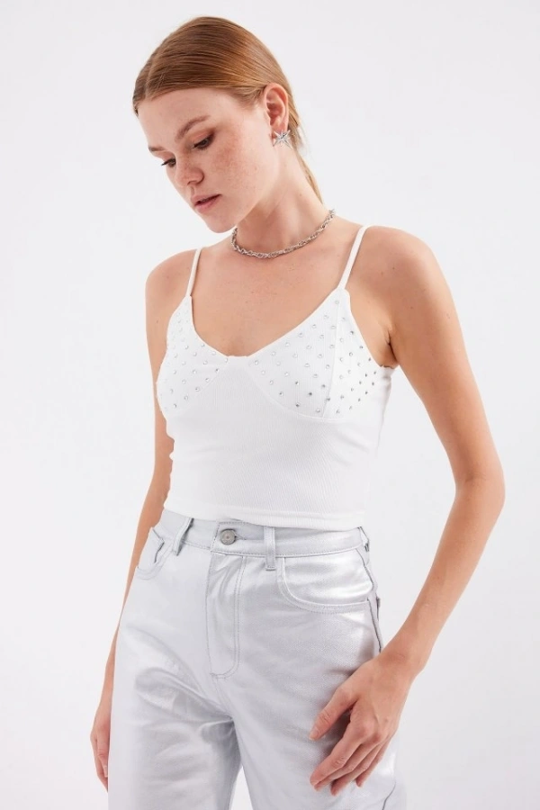 Bidebuvar 918 İp Askılı Crop Top - Beyaz