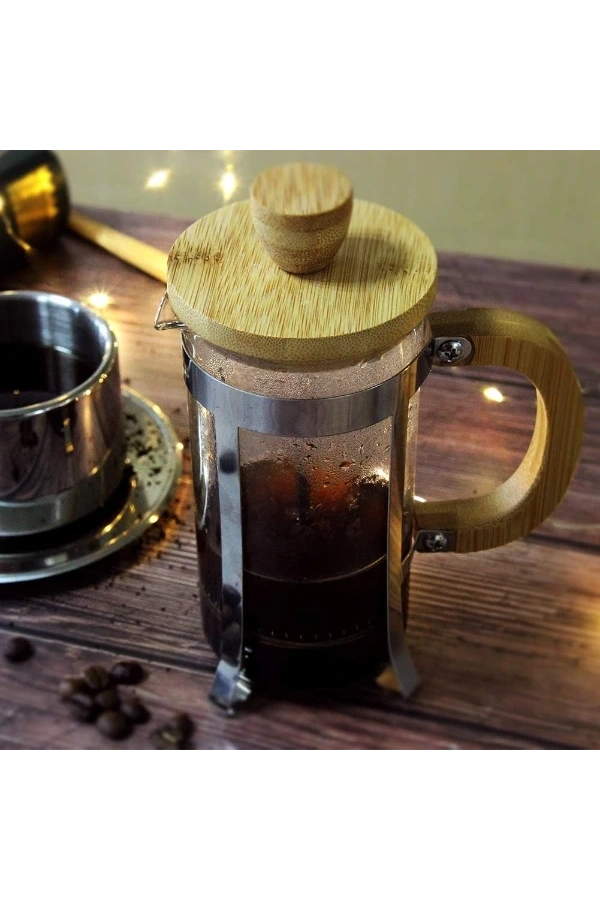 Bidebuvar Ahşap Detaylı 350 ml Cam French Press