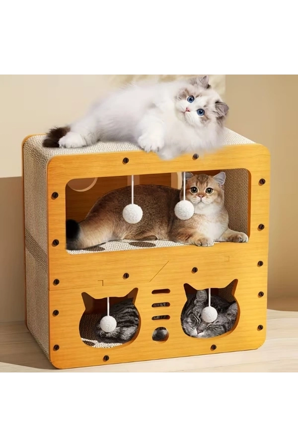 Bidebuvar Ahşap İki Katlı Tırmalamalı Kedi Oyun Evi