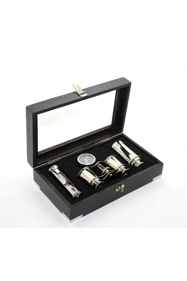 Bidebuvar Ahşap Kutulu Pirinç Dürbün Pusula Ve Kum Saati Seti