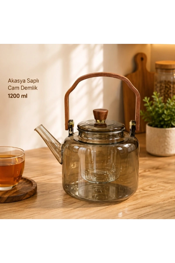 Bidebuvar Akasya Saplı Demlik - 1200 ml - Borosilikat Cam