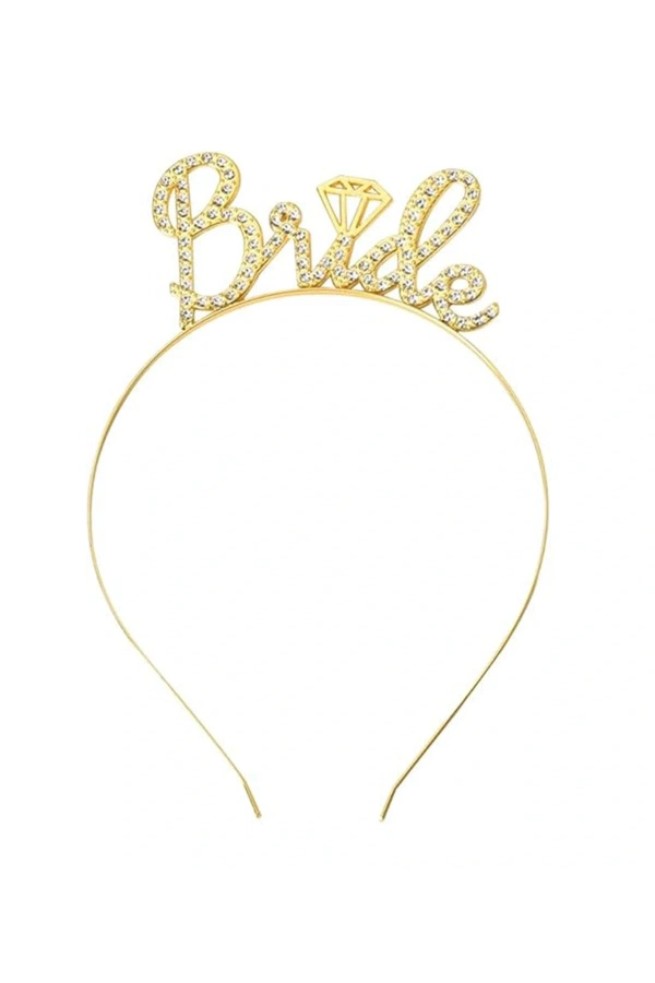 Bidebuvar Altın Renkli Taşlı “Bride” Gelin Tacı