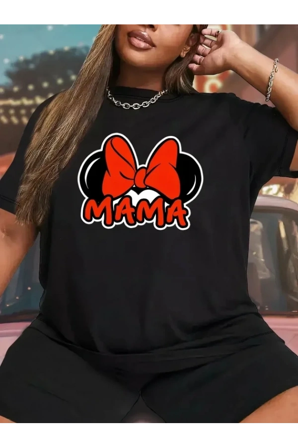 Bidebuvar Anneler Günü Hediye Anne Temalı Baskılı Oversize Bisiklet Yaka T-shirt - Siyah