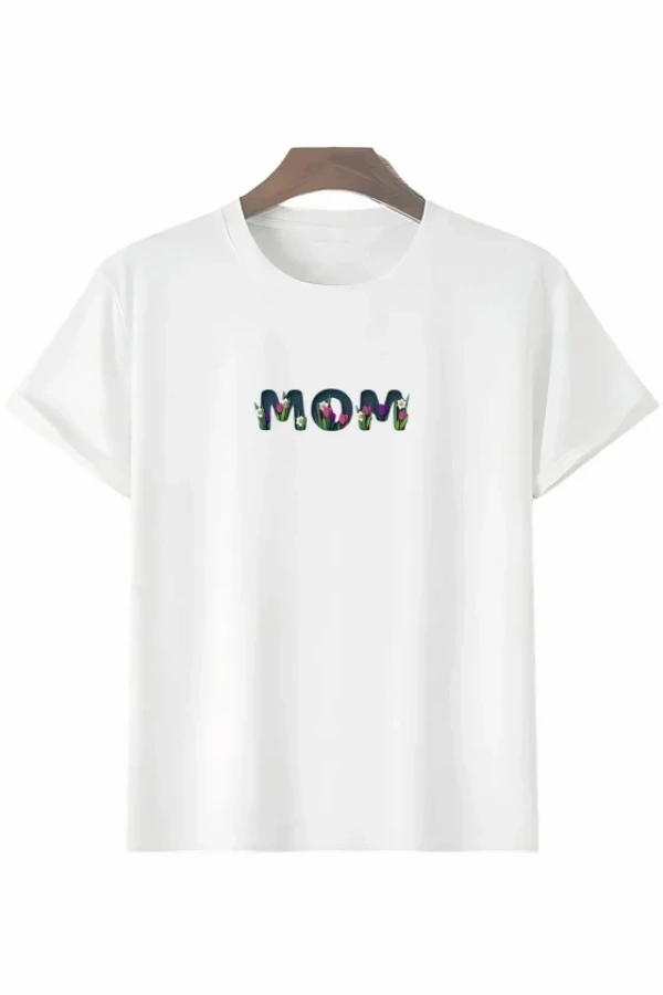 Bidebuvar Anneler Günü Hediye Mom Çiçek Baskılı Oversize Bisiklet Yaka T-shirt - Beyaz