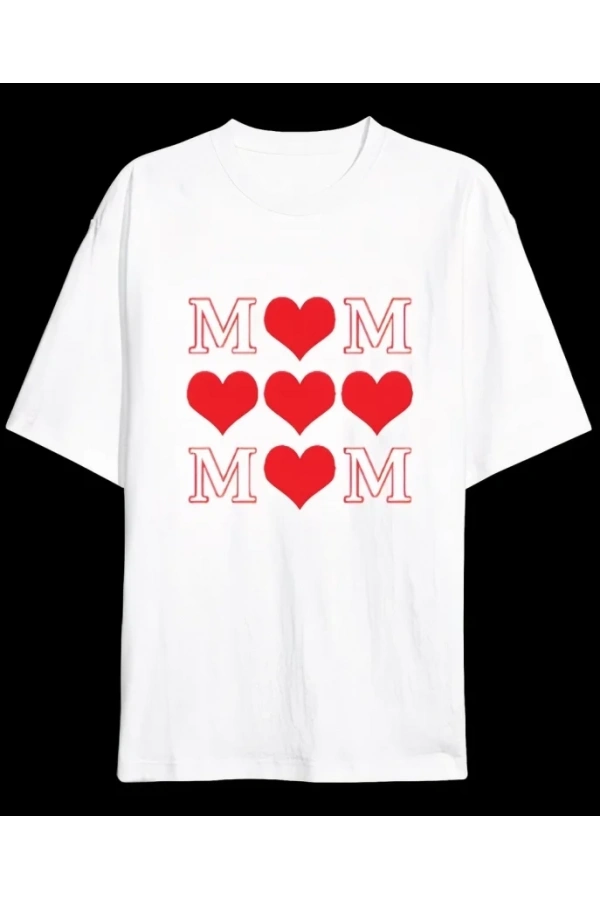 Bidebuvar Anneler Günü Hediye MOM Kalp Baskılı Oversize Bisiklet Yaka T-shirt - Beyaz