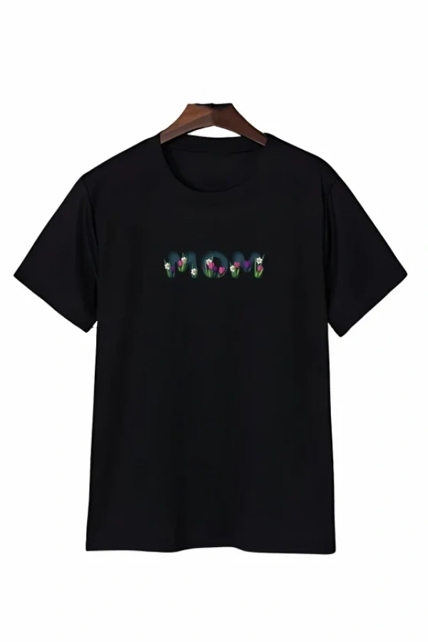 Bidebuvar Anneler Günü Mom Çiçek Temalı Baskılı Oversize Bisiklet Yaka T-shirt - Siyah