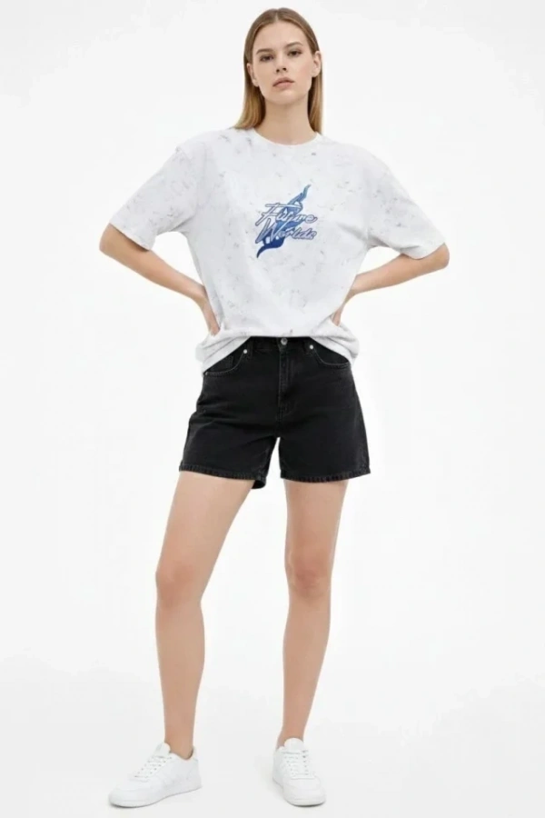 Bidebuvar Asit Yıkamalı Oversize Tişört Future Worlds Baskılı Bisiklet Yaka Kısa Kollu Streetwear %100 Pamuk Street Style T-Shirt - Beyaz